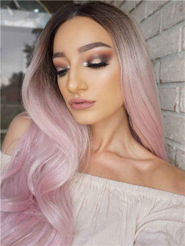 Long Dusty Rose Light Pink Wave Synthetic Lace Front Wig  display picture 3