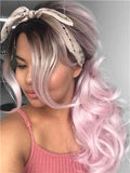 Long Dusty Rose Light Pink Wave Synthetic Lace Front Wig