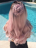 Long Dusty Rose Light Pink Wave Synthetic Lace Front Wig - FashionLoveHunter