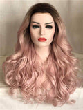 Long Dusty Rose Light Pink Wave Synthetic Lace Front Wig - FashionLoveHunter