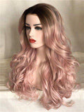 Long Dusty Rose Light Pink Wave Synthetic Lace Front Wig - FashionLoveHunter