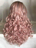 Long Dusty Rose Light Pink Wave Synthetic Lace Front Wig - FashionLoveHunter