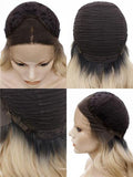 Long Gold Blonde Dark Root Ombre Wave Synthetic Lace Front Wig - FashionLoveHunter