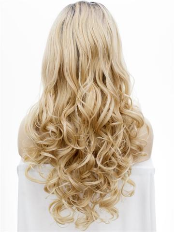 Long Gold Blonde Dark Root Ombre Wave Synthetic Lace Front Wig - FashionLoveHunter
