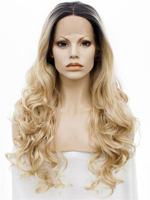 Long Gold Blonde Dark Root Ombre Wave Synthetic Lace Front Wig - FashionLoveHunter