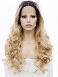 Long Gold Blonde Dark Root Ombre Wave Synthetic Lace Front Wig