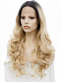 Long Gold Blonde Dark Root Ombre Wave Synthetic Lace Front Wig - FashionLoveHunter