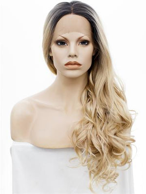 Long Gold Blonde Dark Root Ombre Wave Synthetic Lace Front Wig - FashionLoveHunter