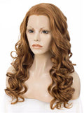 Long Golden Bronze Brown Wave Synthetic Lace Front Wig - FashionLoveHunter
