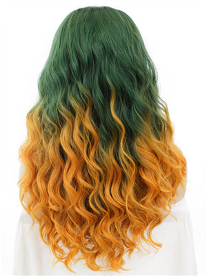 Long Green To Yellow & Orange Ombre Curly Synthetic Lace Front Wig - FashionLoveHunter