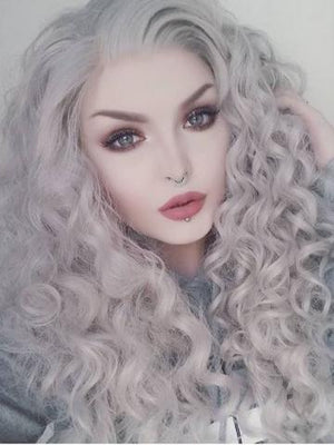 Long Grey Curly Hairstyle Synthetic Lace Front Wig - FashionLoveHunter