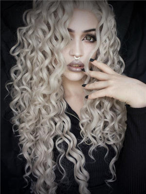 Long Grey Curly Hairstyle Synthetic Lace Front Wig - FashionLoveHunter