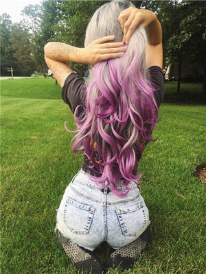 Long Grey To Purple Orchid Ombre Wave Synthetic Lace Front Wig - FashionLoveHunter