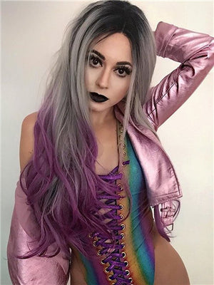 Long Grey To Purple Orchid Ombre Wave Synthetic Lace Front Wig - FashionLoveHunter