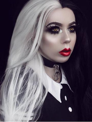 Long Half Black & Half White Wavy Synthetic Lace Front Wig - FashionLoveHunter