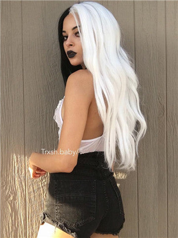 Long Half Black & Half White Wavy Synthetic Lace Front Wig - FashionLoveHunter