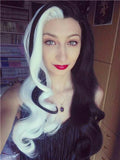 Long Half Black & Half White Wavy Synthetic Lace Front Wig - FashionLoveHunter