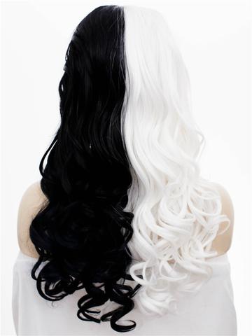 Long Half Black & Half White Wavy Synthetic Lace Front Wig - FashionLoveHunter