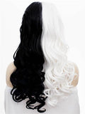 Long Half Black & Half White Wavy Synthetic Lace Front Wig - FashionLoveHunter