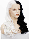 Long Half Black & Half White Wavy Synthetic Lace Front Wig - FashionLoveHunter