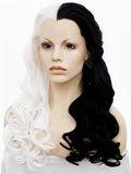 Long Half Black & Half White Wavy Synthetic Lace Front Wig - FashionLoveHunter