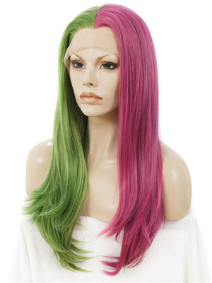 Long Half Green Half Medium Violet Red Synthetic Lace Front Wig