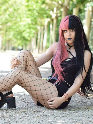 Long Half Pink & Half Black Wave Synthetic Lace Front Wig With Bang - FashionLoveHunter