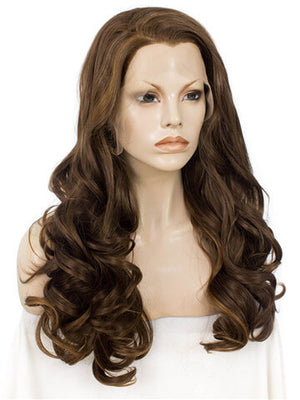 Long Light Chestnut Saddle Brown Mixed Wave Synthetic Lace Front Wig