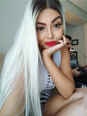 Long Light Pale Blonde Ombre Straight Synthetic Lace Front Wig