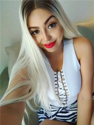 Long Light Pale Blonde Ombre Straight Synthetic Lace Front Wig