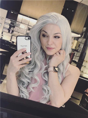 Long Light Silver Grey Costume Cosplay Wave Synthetic Lace Front Wig