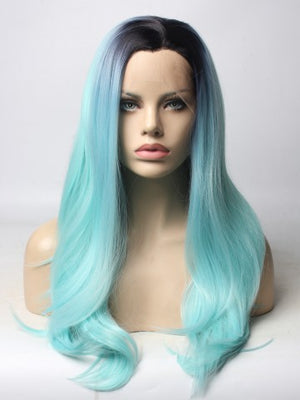 Long Light Sky Blue Ombre Straight Synthetic Lace Front Wig - FashionLoveHunter
