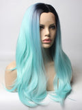 Long Light Sky Blue Ombre Straight Synthetic Lace Front Wig - FashionLoveHunter