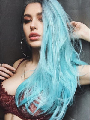 Long Light Sky Blue Ombre Straight Synthetic Lace Front Wig - FashionLoveHunter
