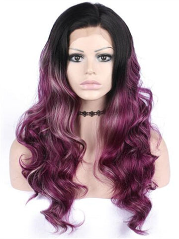 Long Mixed Reddish Purple Ombre Wave Synthetic Lace Front Wig - FashionLoveHunter