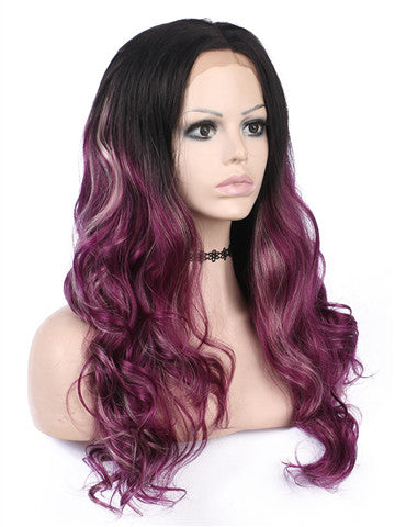 Long Mixed Reddish Purple Ombre Wave Synthetic Lace Front Wig - FashionLoveHunter