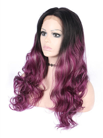 Long Mixed Reddish Purple Ombre Wave Synthetic Lace Front Wig - FashionLoveHunter