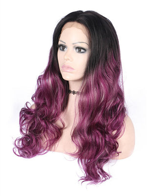 Long Mixed Reddish Purple Ombre Wave Synthetic Lace Front Wig - FashionLoveHunter