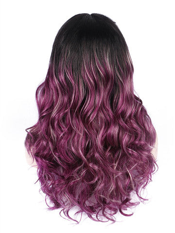 Long Mixed Reddish Purple Ombre Wave Synthetic Lace Front Wig - FashionLoveHunter