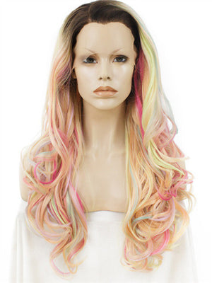 Long Pastel Multicolor Pink Blonde Mixed Wave Synthetic Lace Front Wig - FashionLoveHunter