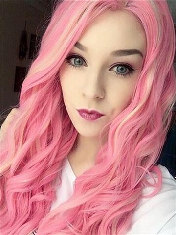 Long Peony Mixed Pink Wave Synthetic Lace Front Wig - FashionLoveHunter