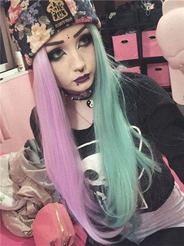 Long Pink Green Double Colors Straight Synthetic Lace Front Wig - FashionLoveHunter