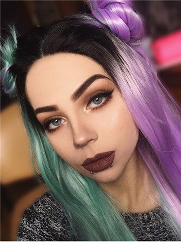 Long Pink Green Double Colors Straight Synthetic Lace Front Wig - FashionLoveHunter