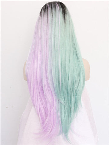 Long Pink Green Double Colors Straight Synthetic Lace Front Wig - FashionLoveHunter