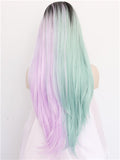 Long Pink Green Double Colors Straight Synthetic Lace Front Wig - FashionLoveHunter