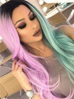 Long Pink Green Double Colors Straight Synthetic Lace Front Wig - FashionLoveHunter