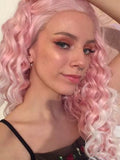 Long Pink To White Ombre Curly Synthetic Lace Front Wig - FashionLoveHunter