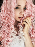 Long Pink To White Ombre Curly Synthetic Lace Front Wig - FashionLoveHunter