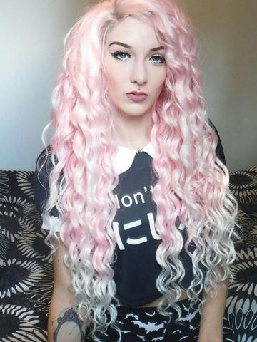 Long Pink To White Ombre Curly Synthetic Lace Front Wig - FashionLoveHunter