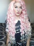 Long Pink To White Ombre Curly Synthetic Lace Front Wig - FashionLoveHunter